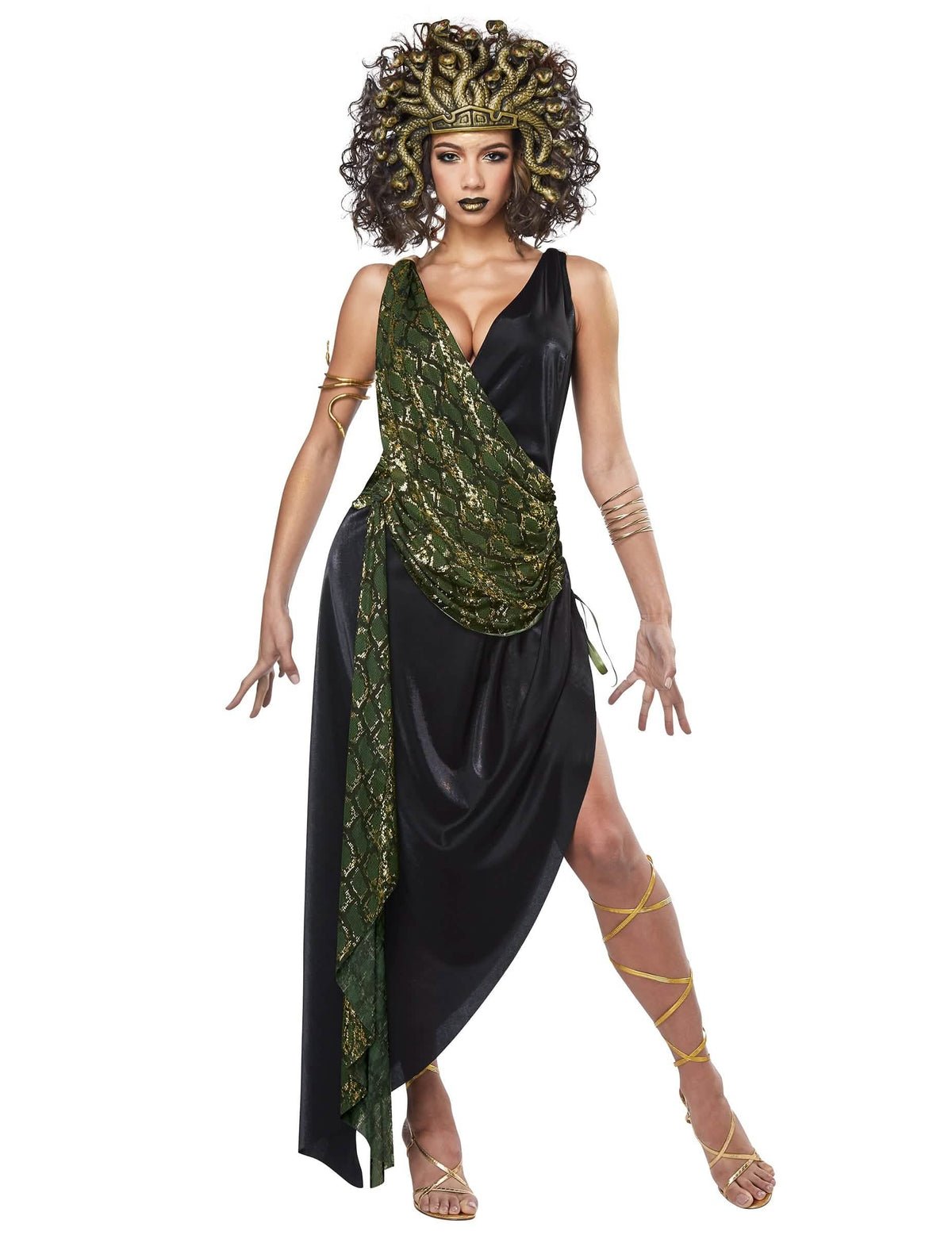 Disfraz de medusa para mujer negro y verde con tocado de serpientes doradas