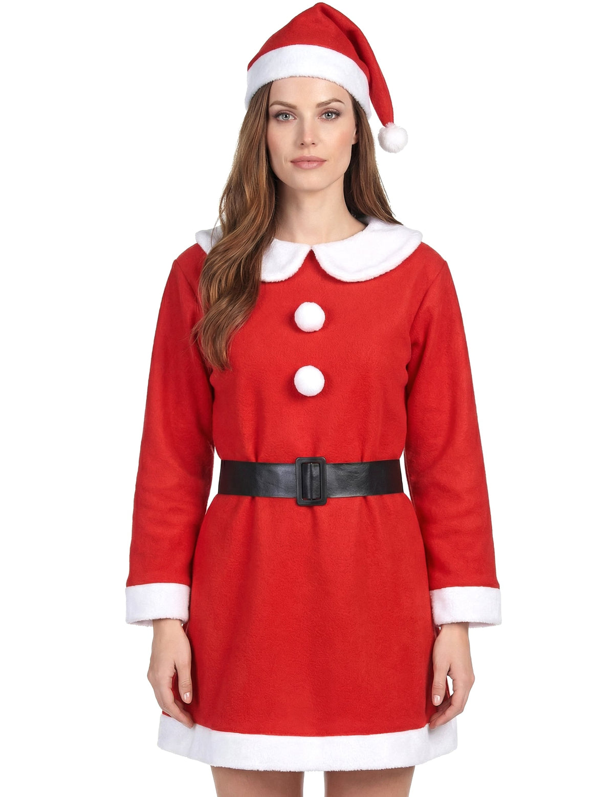 Vue de face du déguisement Mère Noël pompons