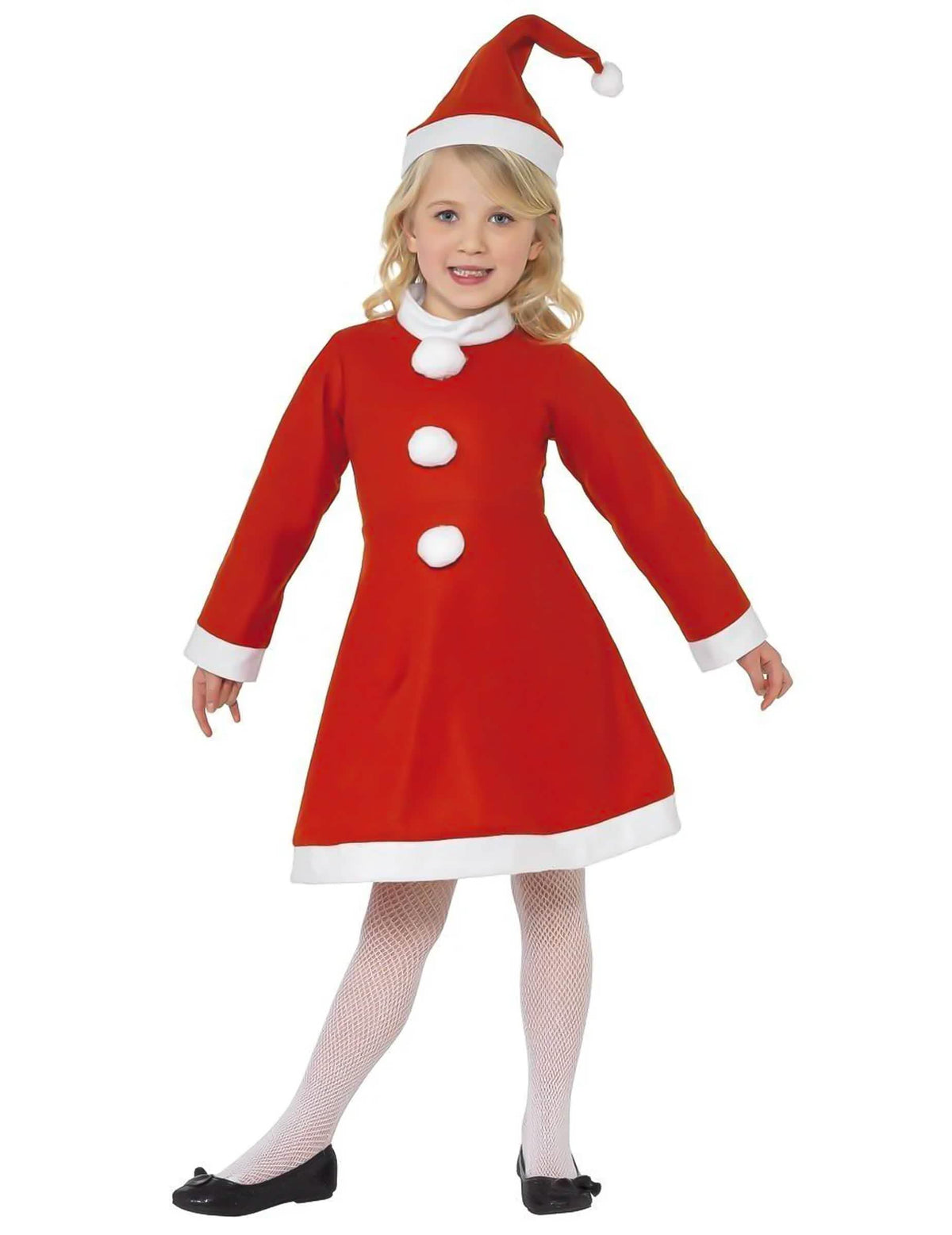 disfraz mamá noel vestido pompones para niña rojo y blanco con gorro