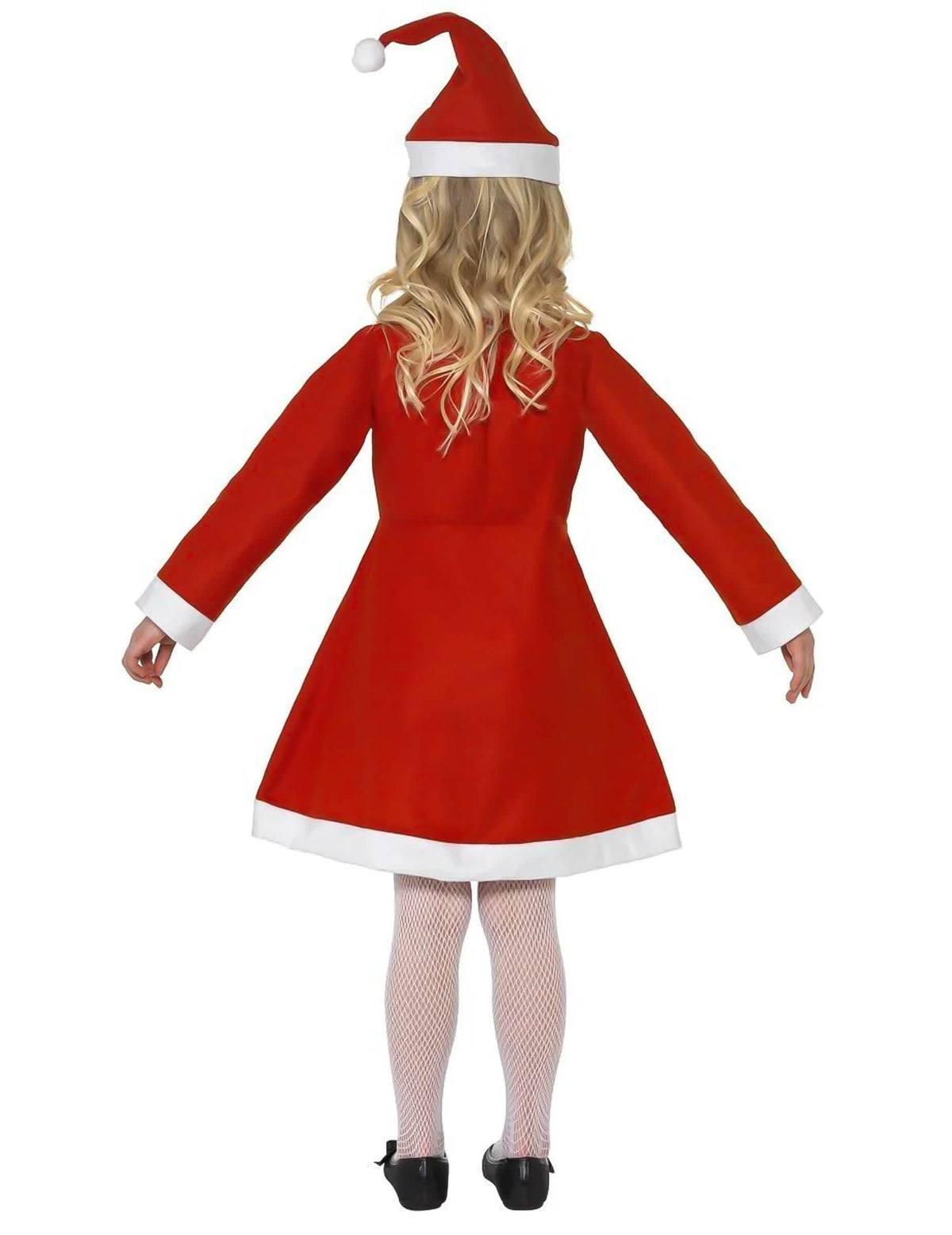 Vista trasera del disfraz mamá noel vestido pompones niña