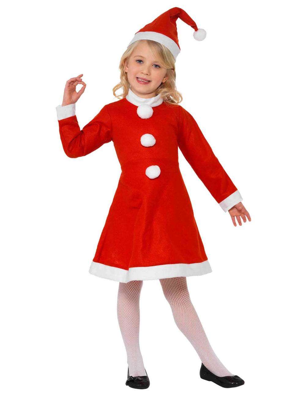 Vista frontal del disfraz mamá noel vestido pompones niña