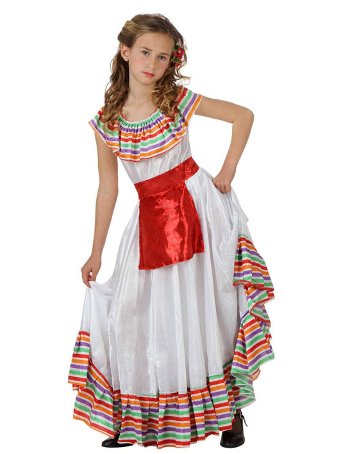 Déguisement de mexicaine pour fille blanc avec volants multicolores et ceinture rouge