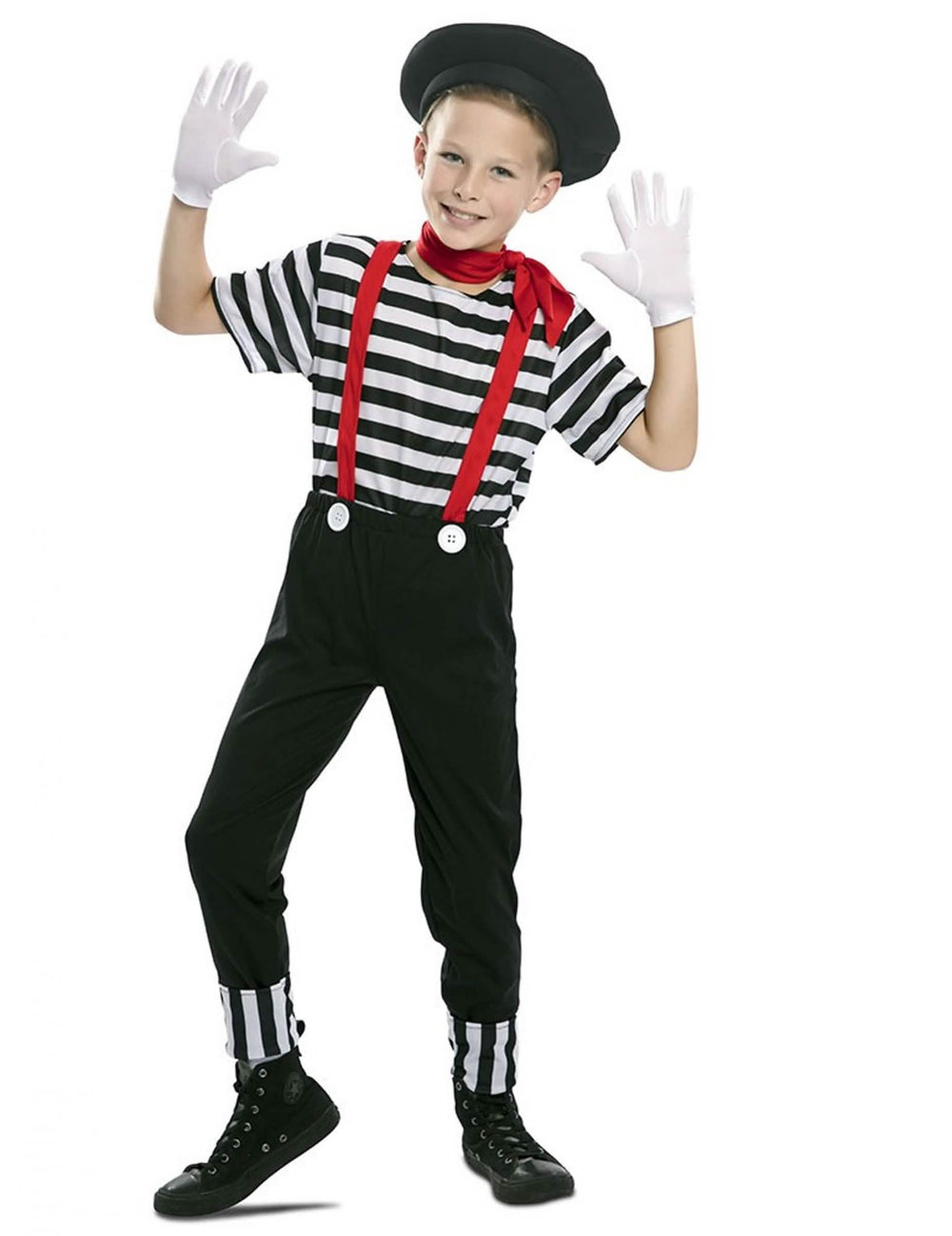 Disfraz de mimo para niño blanco y negro con tirantes rojos y boina