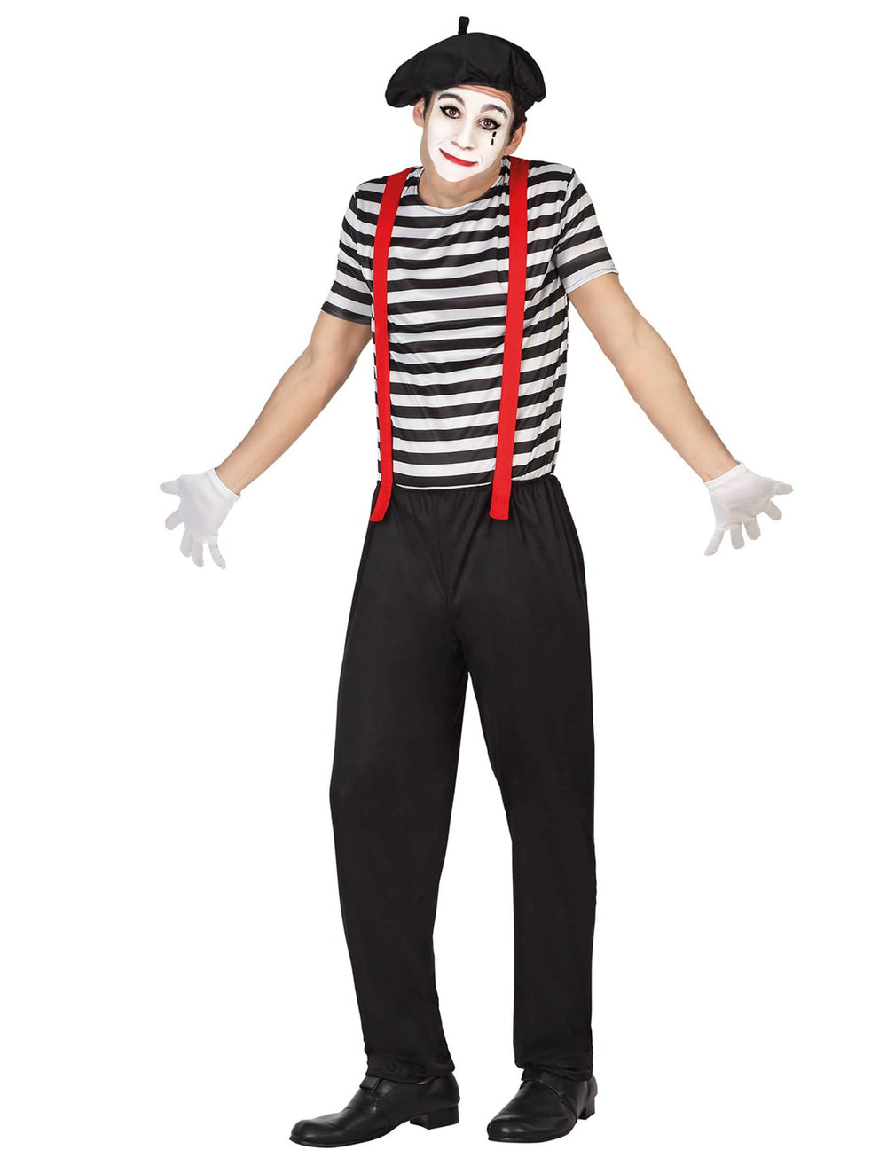 Disfraz de mimo para hombre con pantalón negro camiseta a rayas y tirantes rojos