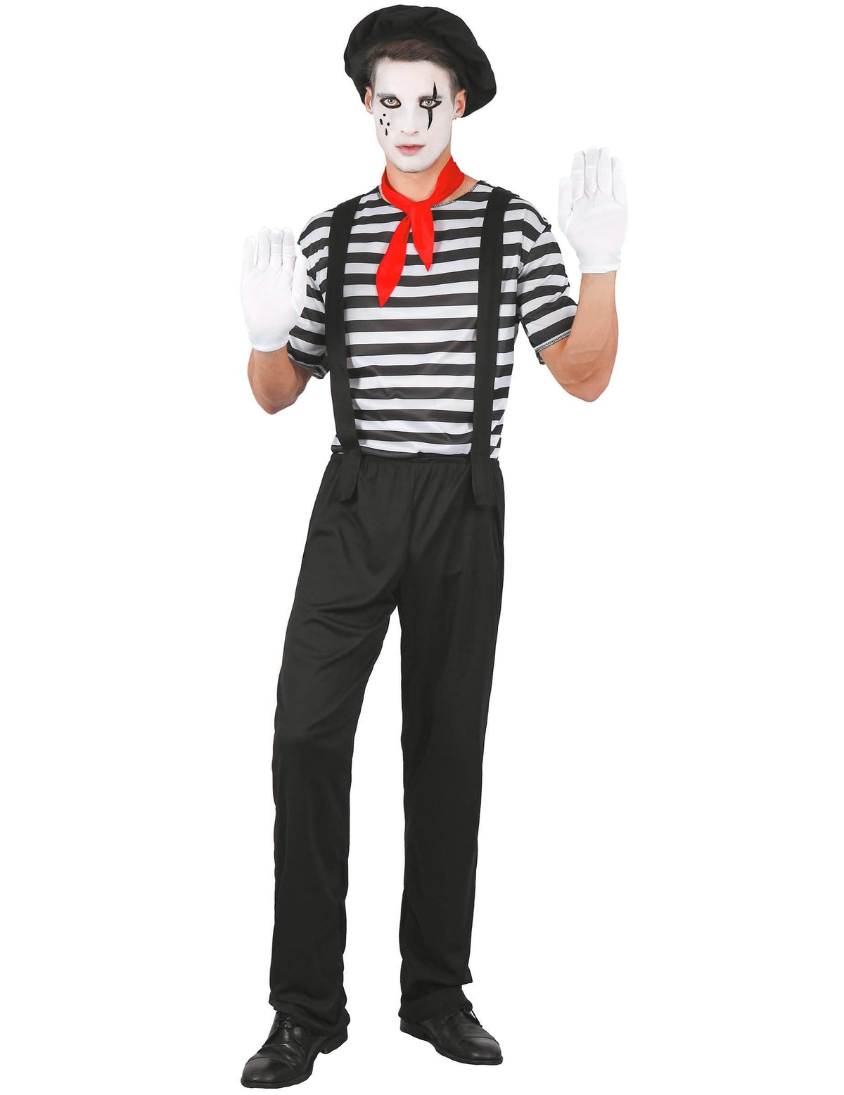 Vue de face de la version homme du déguisement de couple mime