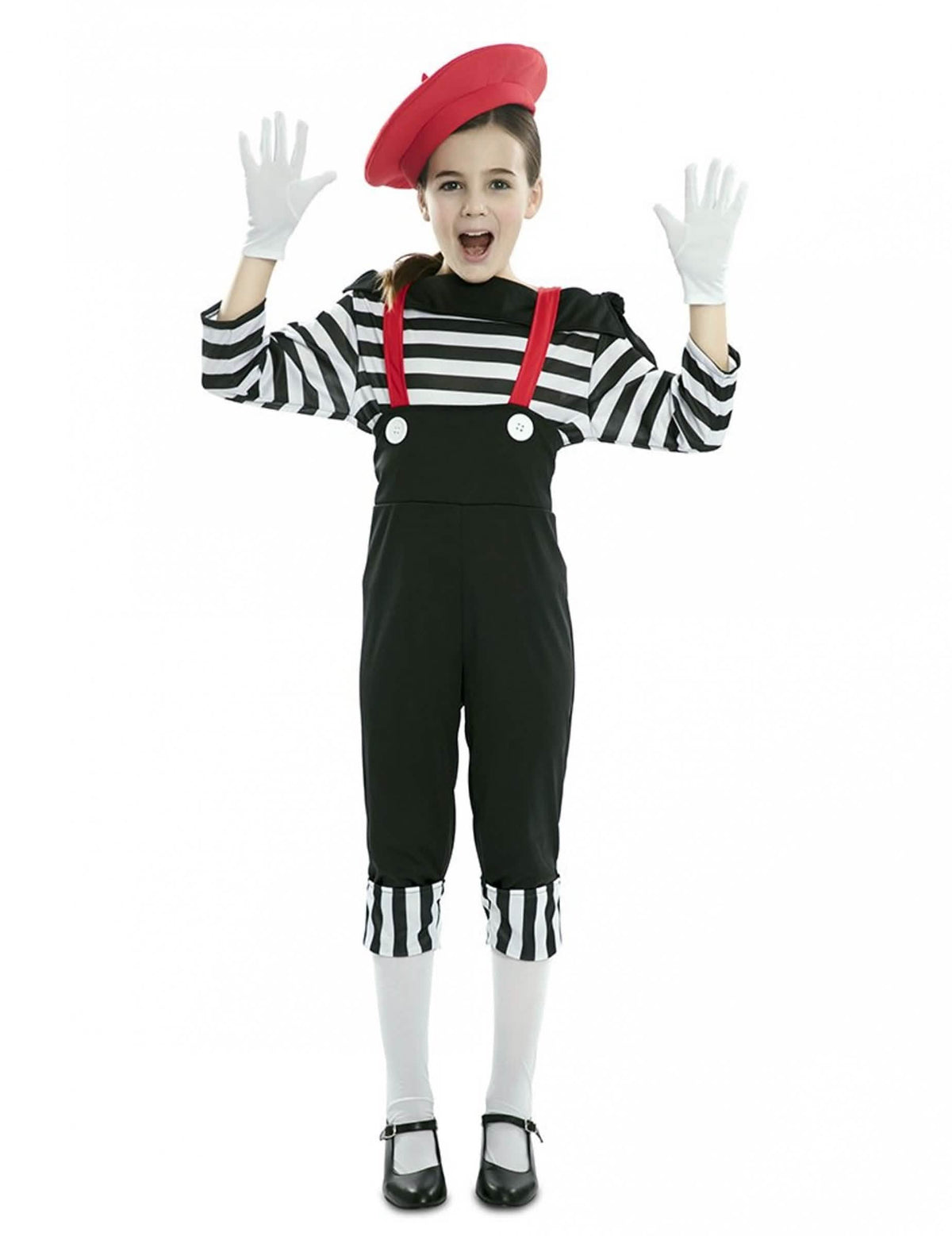 Disfraz de mimo con pantalón para niña blanco y negro con boina rojo