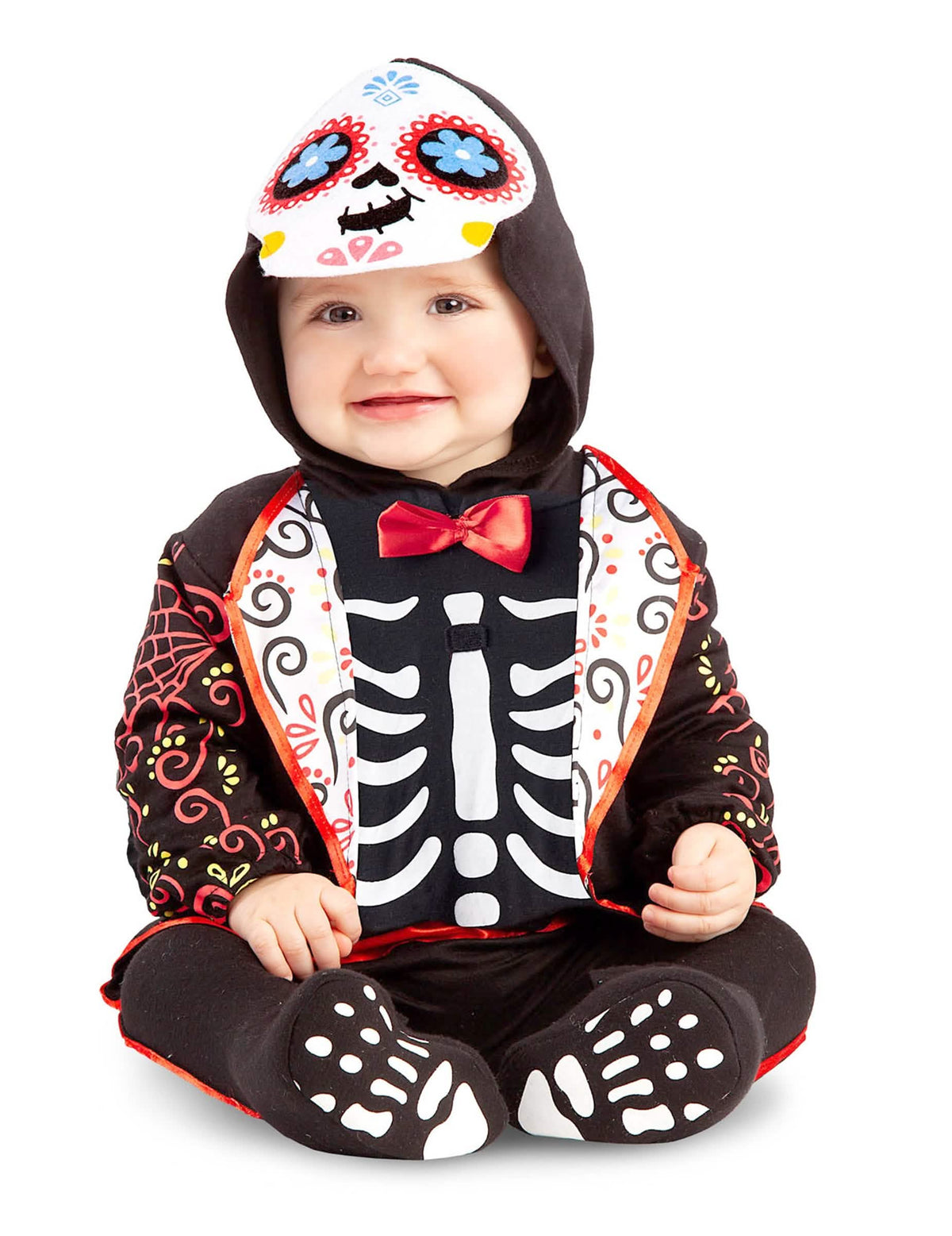 Disfraz Mini esqueleto día de los muertos para bebé negro con motivos coloridos y nudo de mariposa rojo