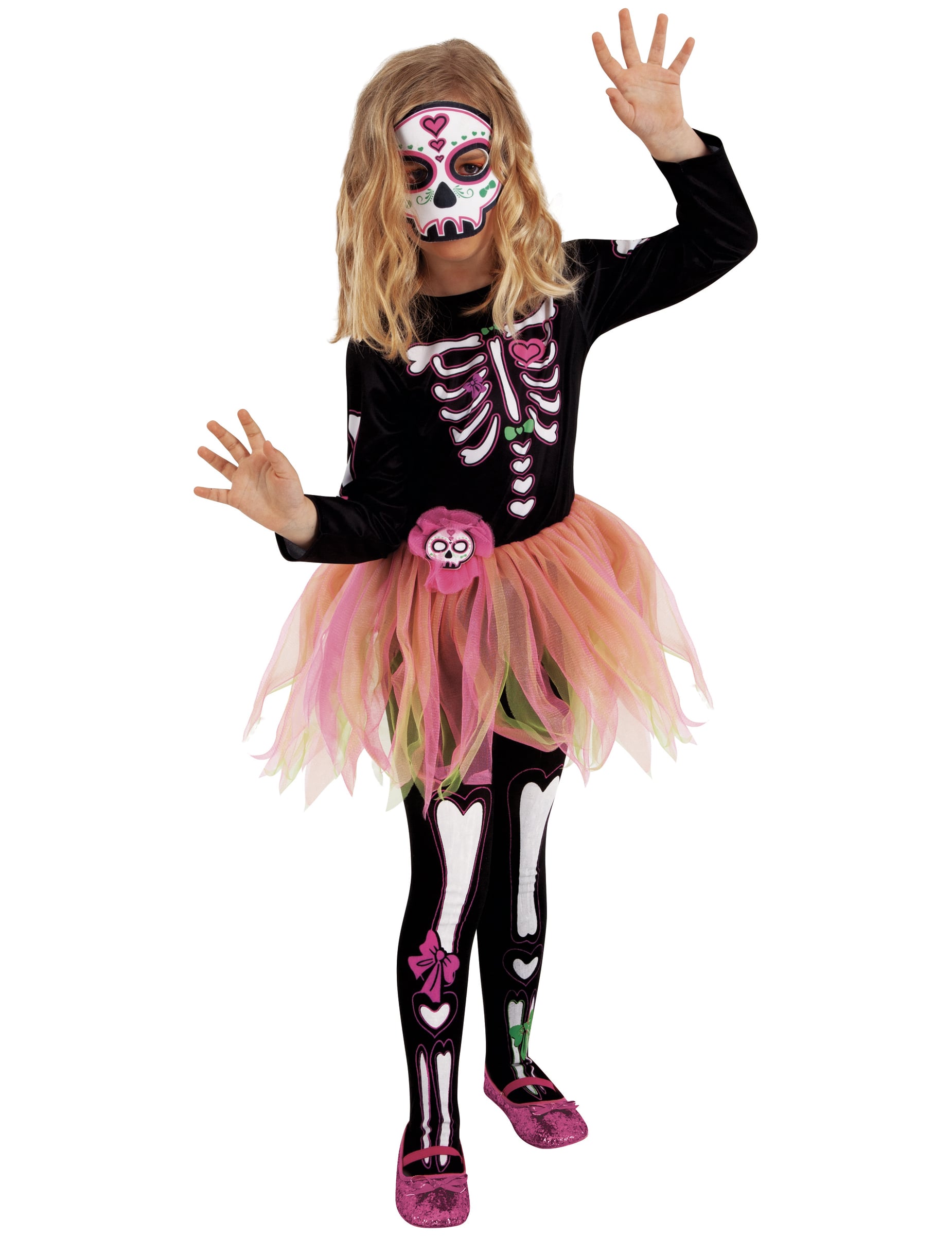 Déguisement Miss Dia de los Muertos pour fille noir et rose avec masque et collants