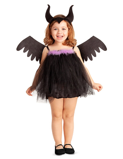 Déguisement Miss du mal pour bébé noir et violet avec cornes et ailes