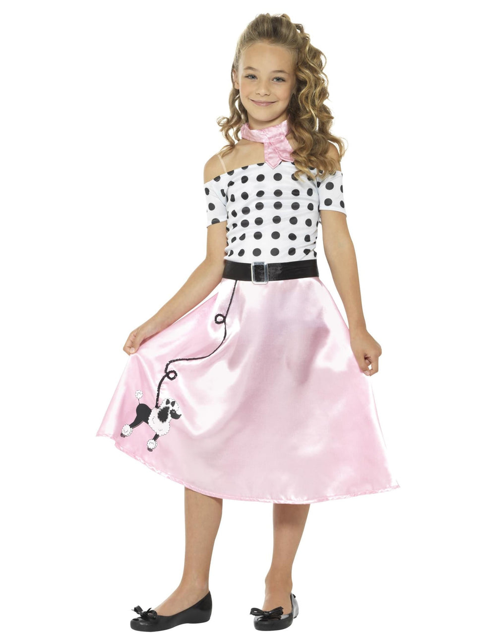 Déguisement miss girly années 50 pour fille rose et blanc à pois avec jupe caniche