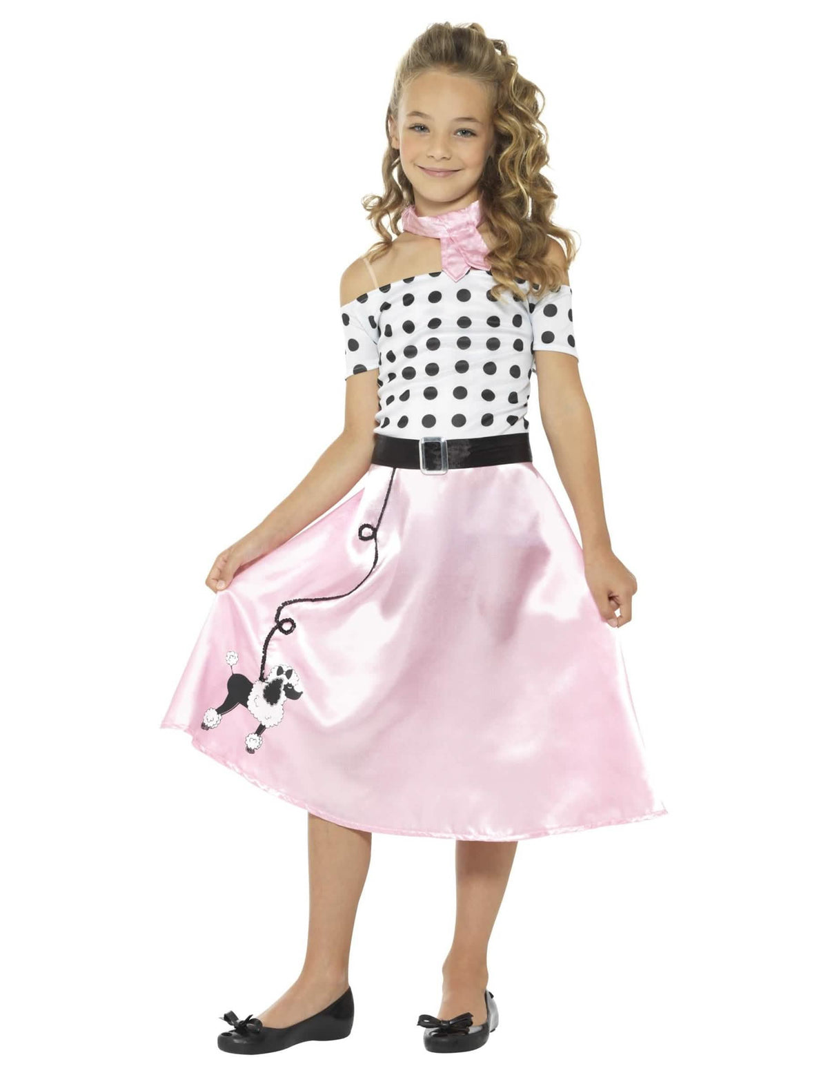 Déguisement miss girly années 50 pour fille rose et blanc à pois avec jupe caniche