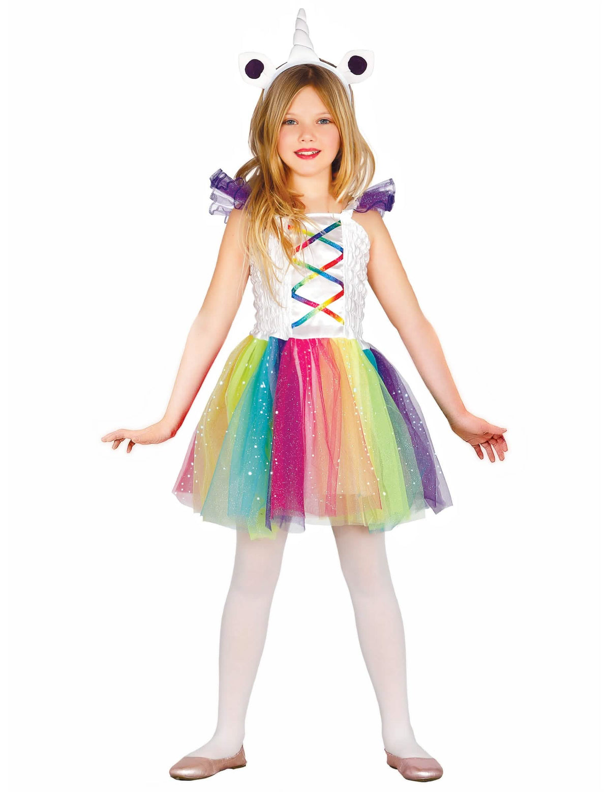 Disfraz de miss unicornio para niña multicolor con tutu arcoíris y diadema con cuerno