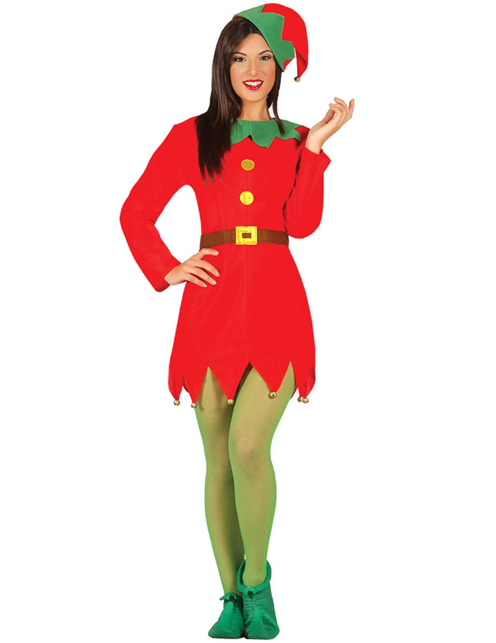 Disfraz de señorita elfa rojo de navidad para mujer rojo con gorro con cascabeles