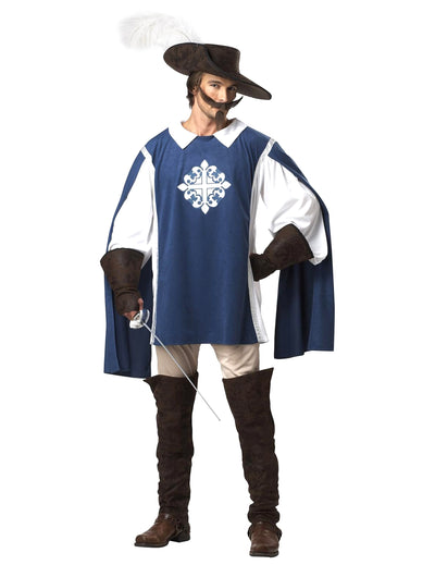 Déguisement de mousquetaire pour homme bleu et blanc avec chapeau à plume