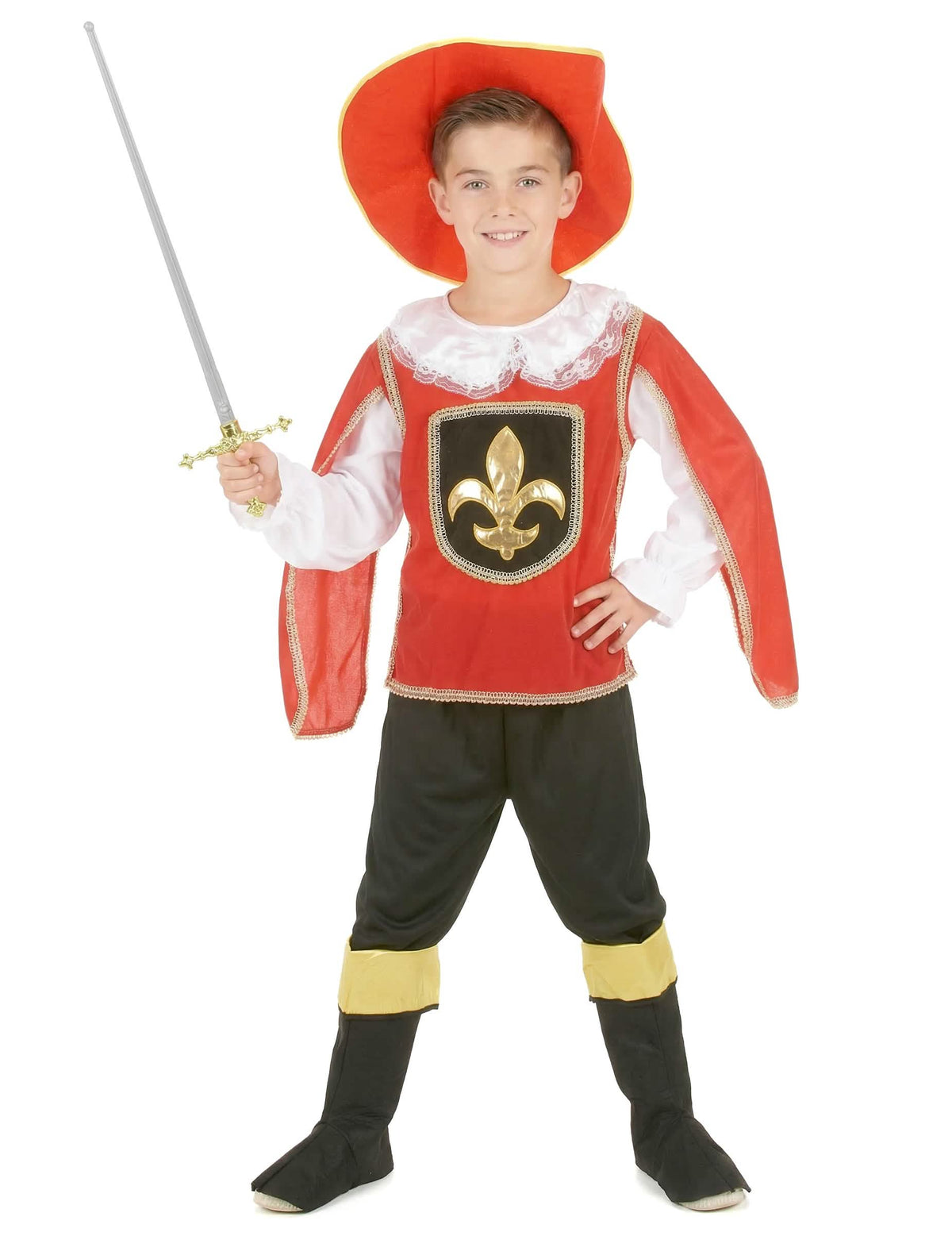 Disfraz de mosquetero para niño rojo y negro con sombrero y flor de lis dorada