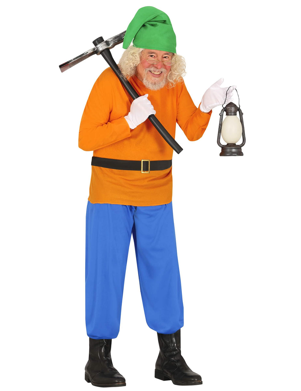 Disfraz de enano de la mina para adulto naranja y azul con gorro verde