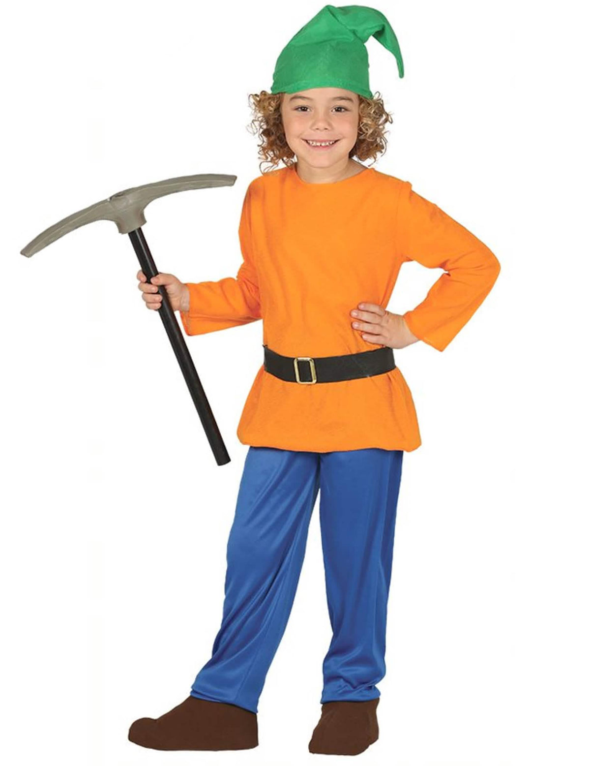 Disfraz de enano de la mina para niño naranja y azul con gorro verde y pico