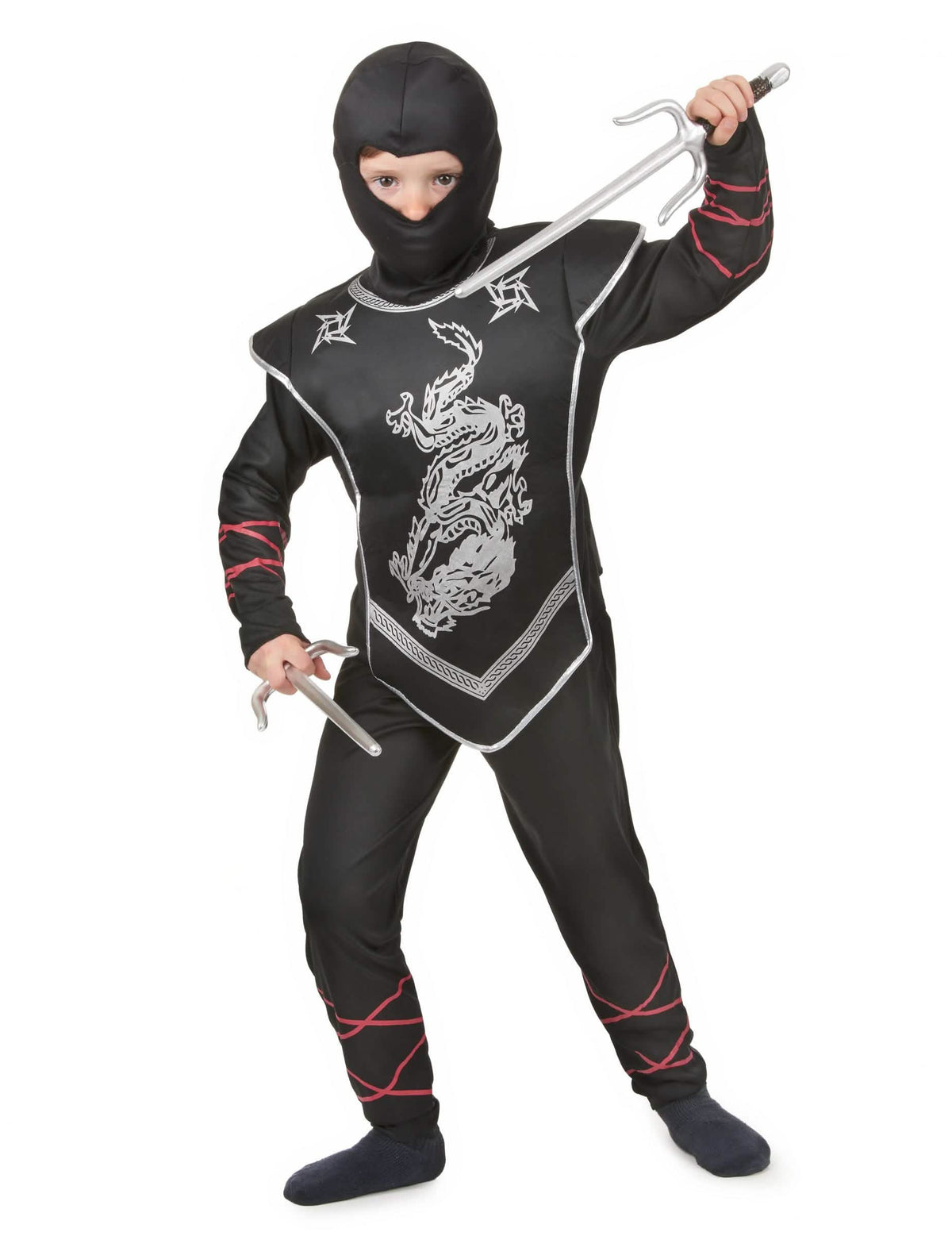 Déguisement ninja dragon argenté pour garçon noir avec cagoule et détails rouges
