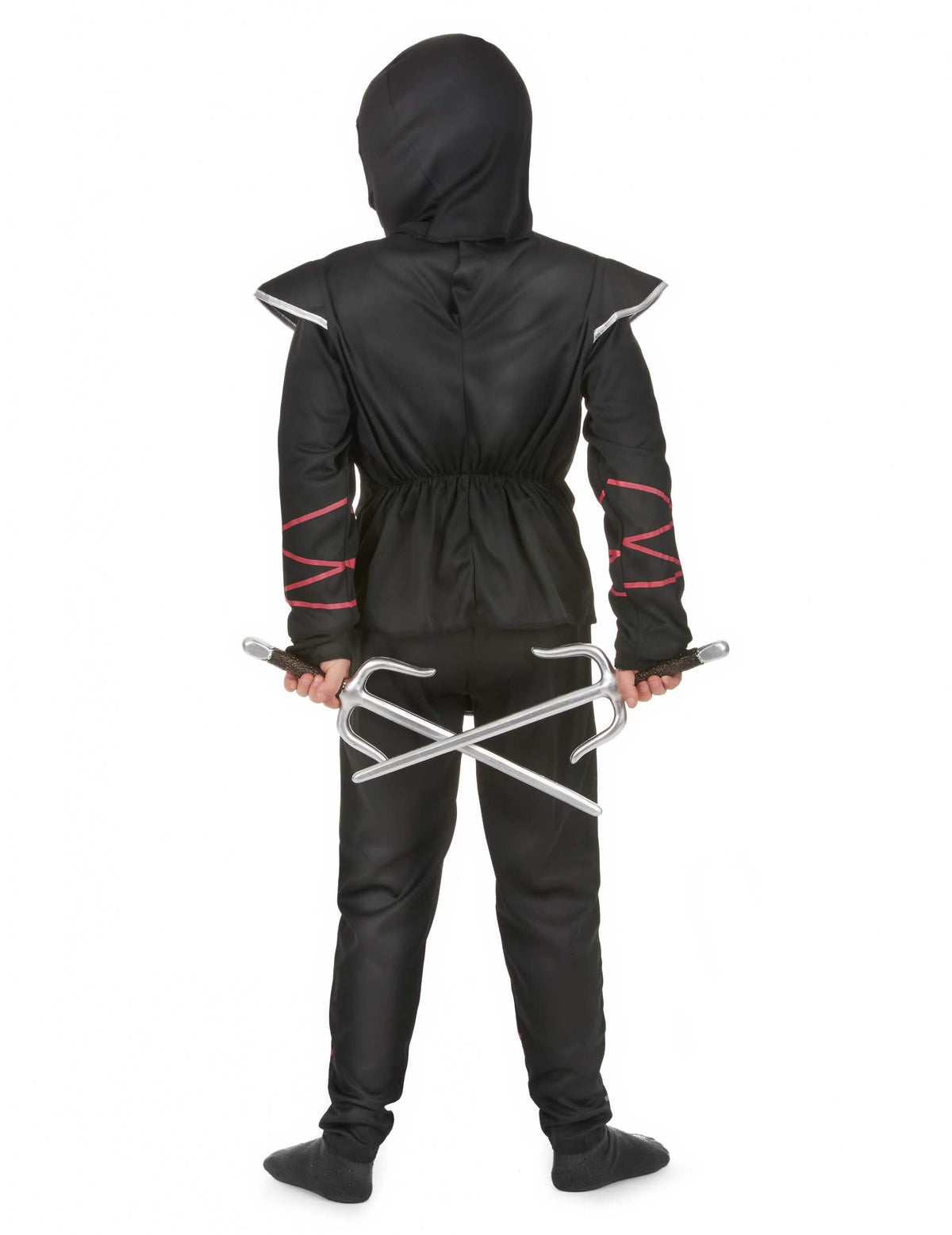 Vue de dos avec accessoires du déguisement ninja dragon argenté