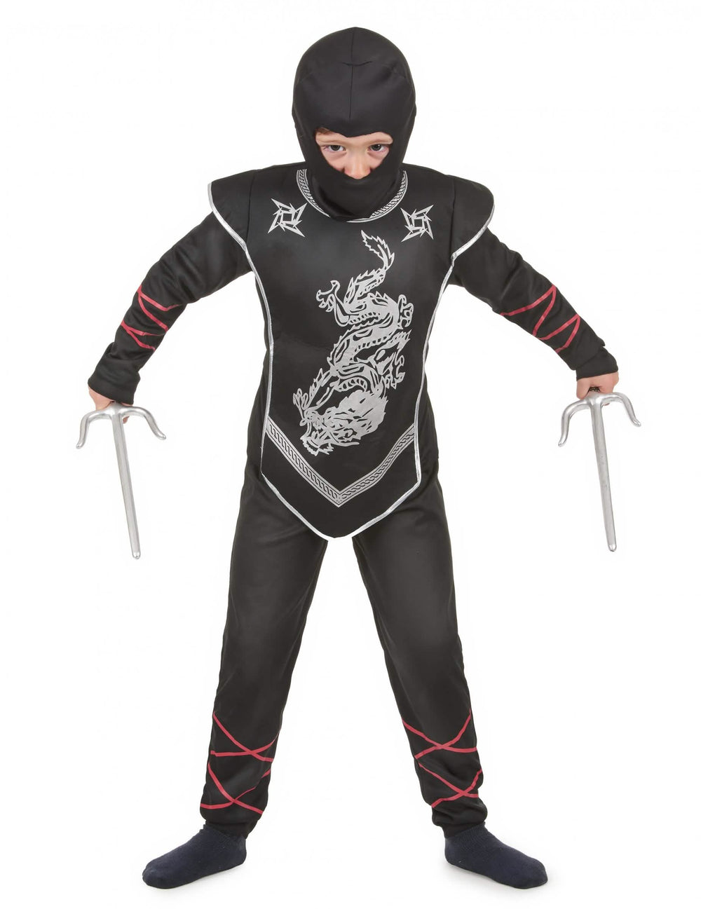 Déguisement ninja dragon argenté pour garçon noir et argent avec rubans rouges