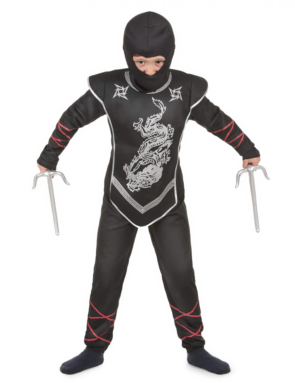 Déguisement ninja dragon argenté pour garçon noir et argent avec rubans rouges