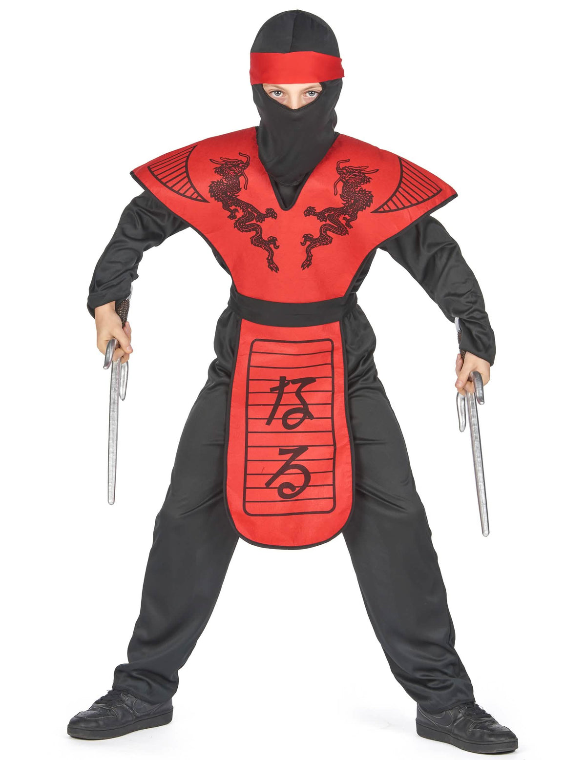 Vista frontal del disfraz de ninja dragón rojo para niño