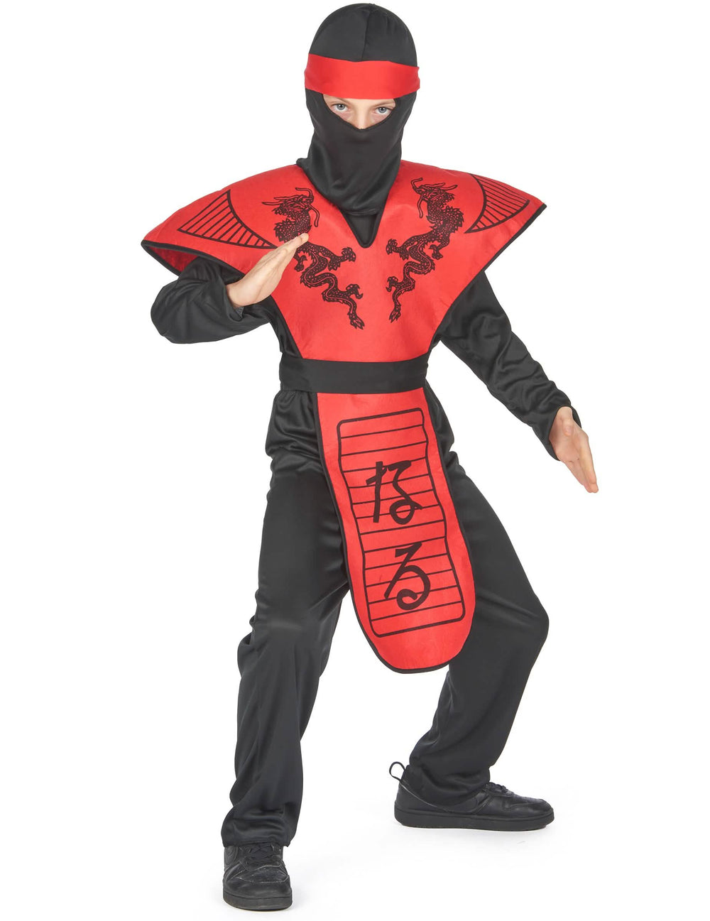 Postura de combate del disfraz ninja dragón rojo para niño
