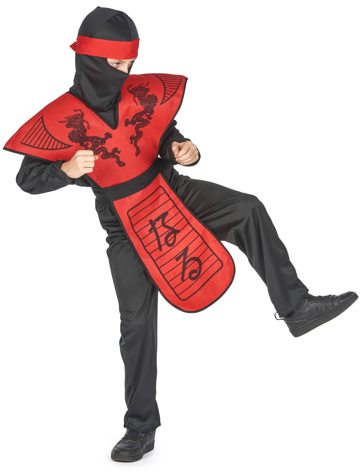 Vista de perfil del disfraz ninja dragón rojo para niño