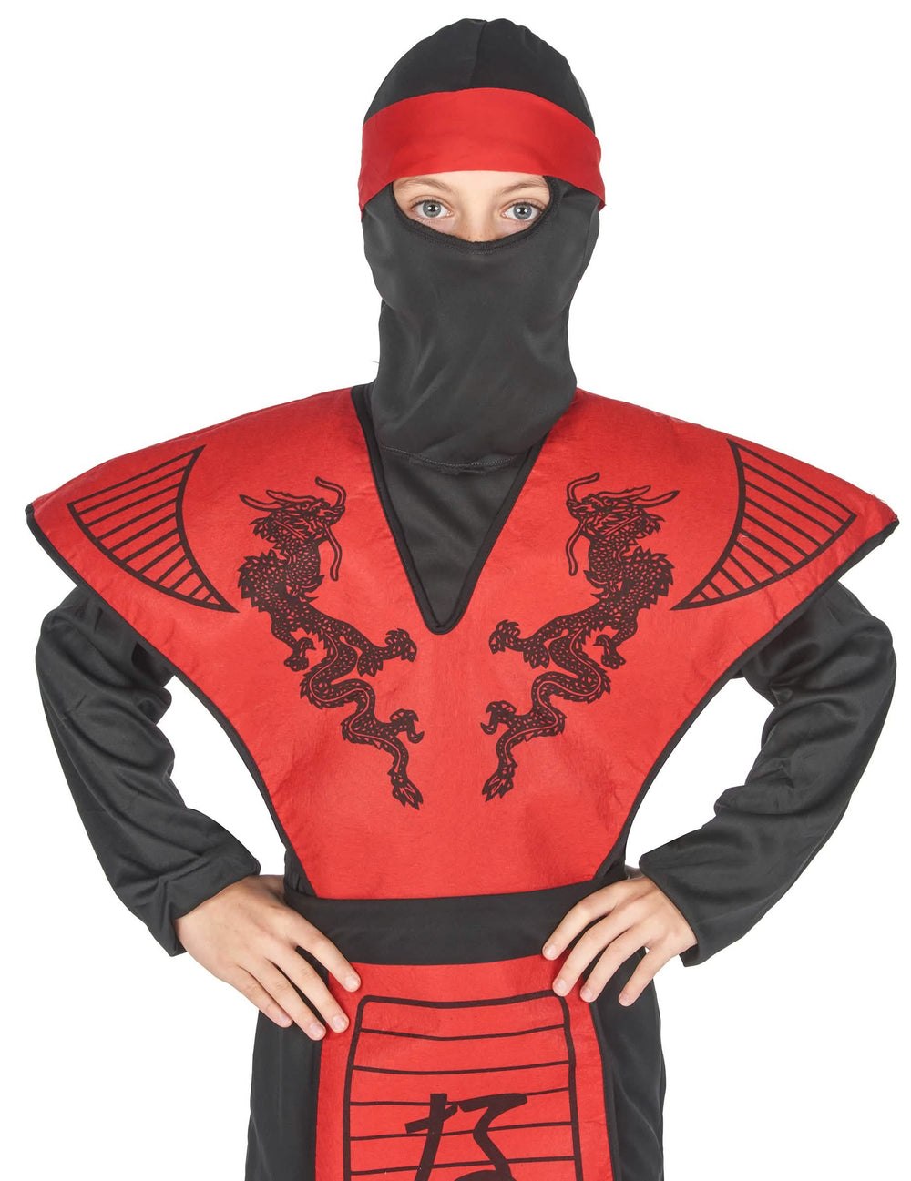 Detalle del peto con motivos de dragones del disfraz de ninja dragón para niño