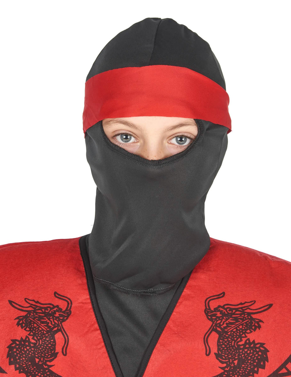 Primer plano de la capucha del disfraz de ninja dragón para niño