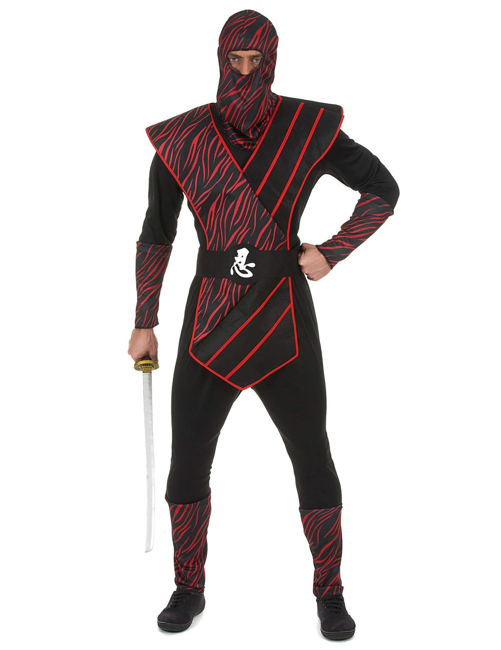 Disfraz de ninja fauve para hombre negro y rojo con motivos tigrados