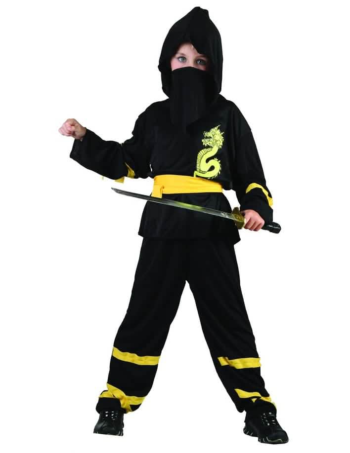 Déguisement ninja pour garçon noir avec ceinture jaune et motif dragon