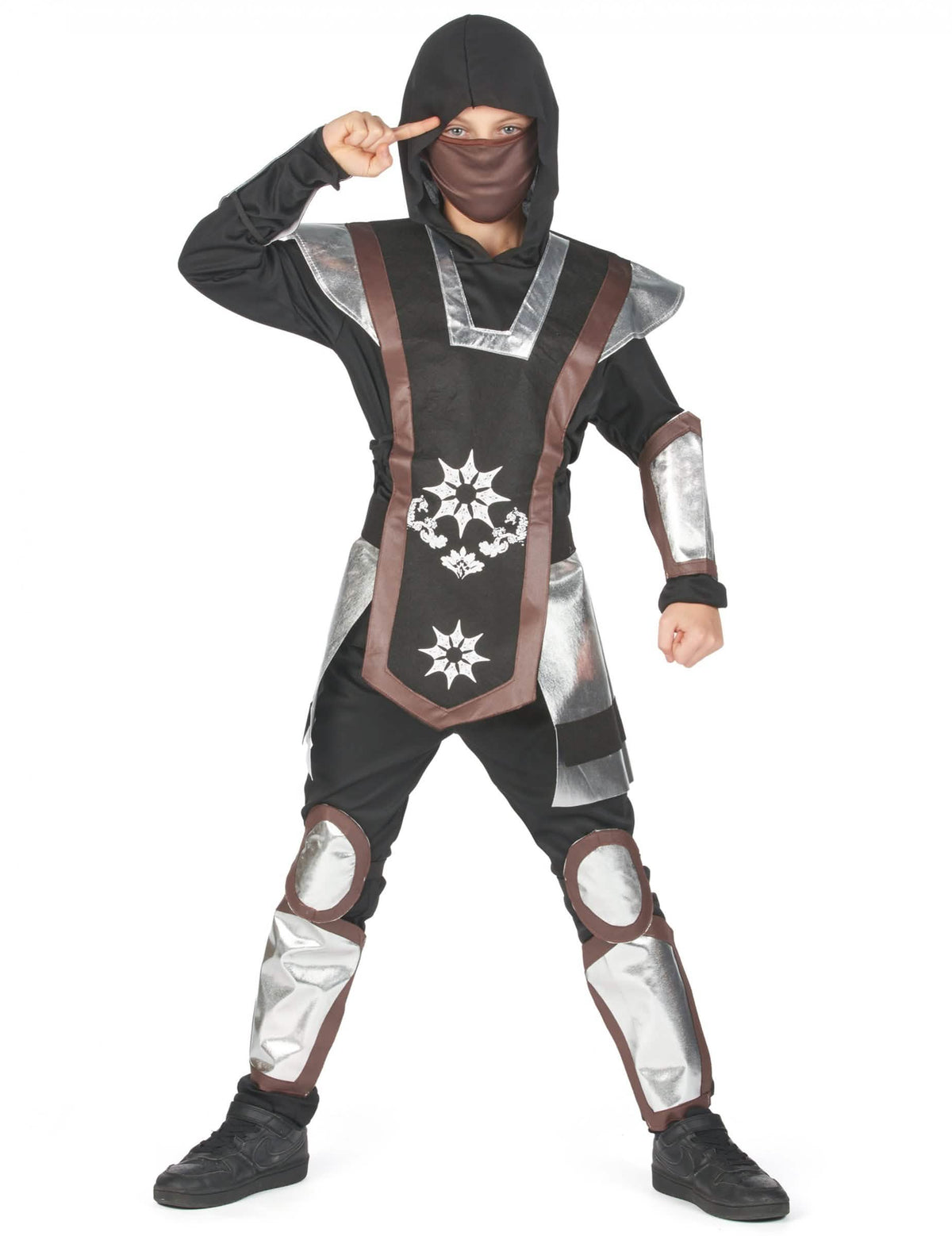 Disfraz de ninja para niño negro y plateado con capucha