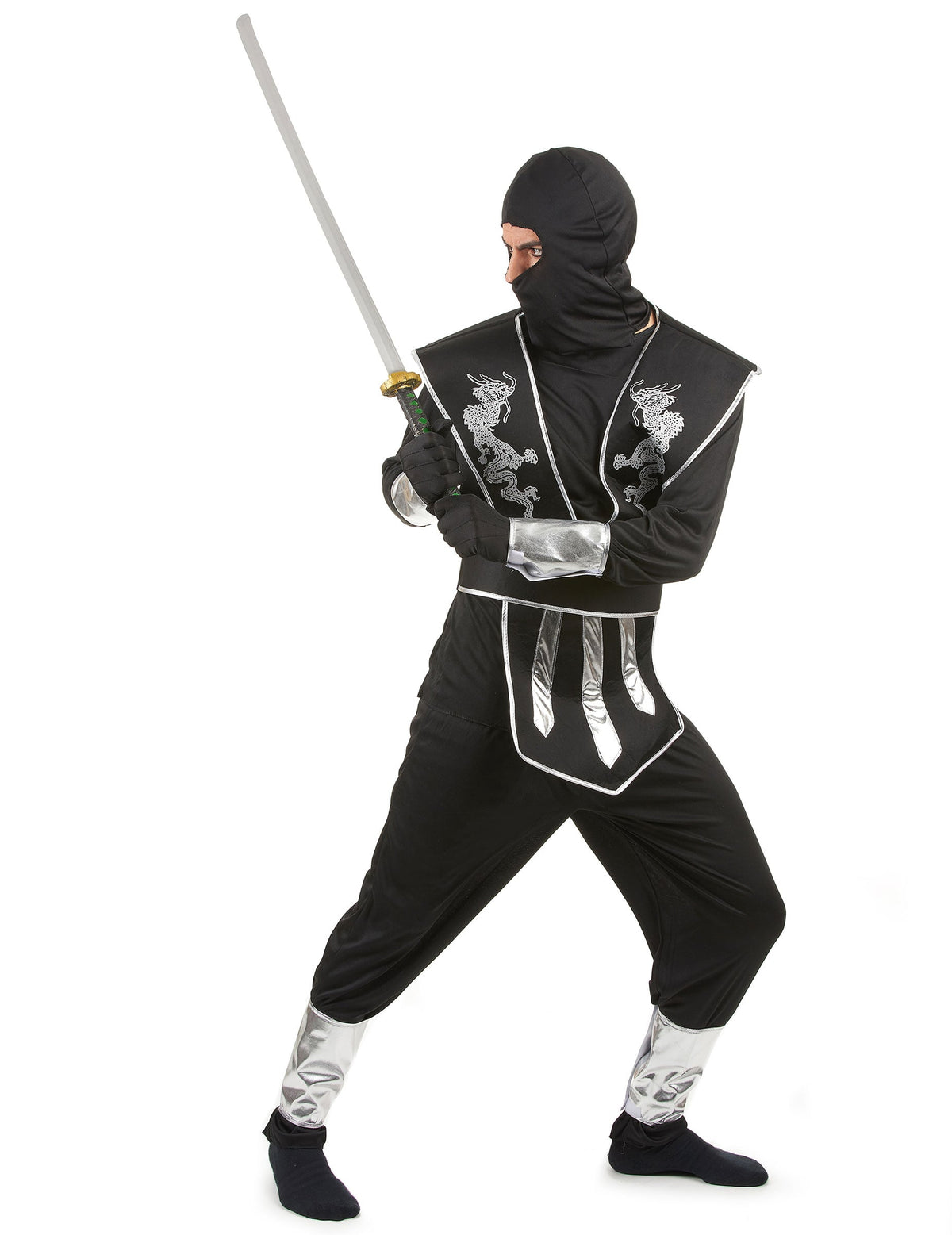 Déguisement de ninja pour homme noir et argenté avec motifs de dragons