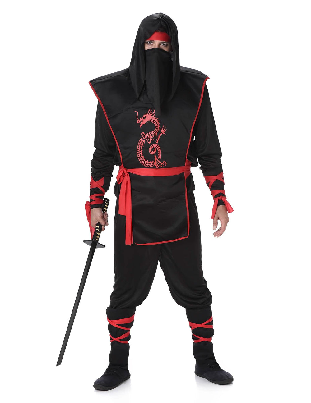 Déguisement ninja pour homme noir et rouge avec imprimé dragon