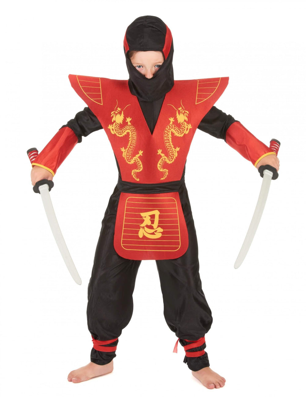 Déguisement ninja motifs dragons pour garçon rouge et noir avec cagoule