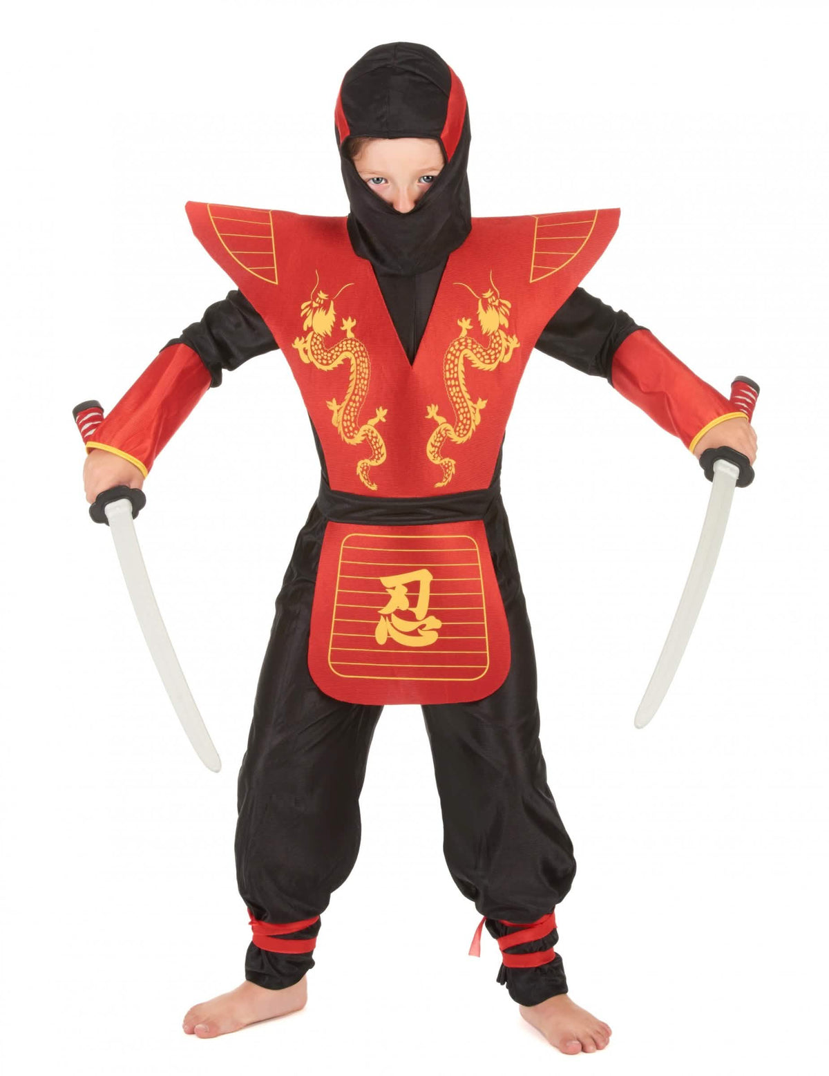 Déguisement ninja motifs dragons pour garçon rouge et noir avec cagoule