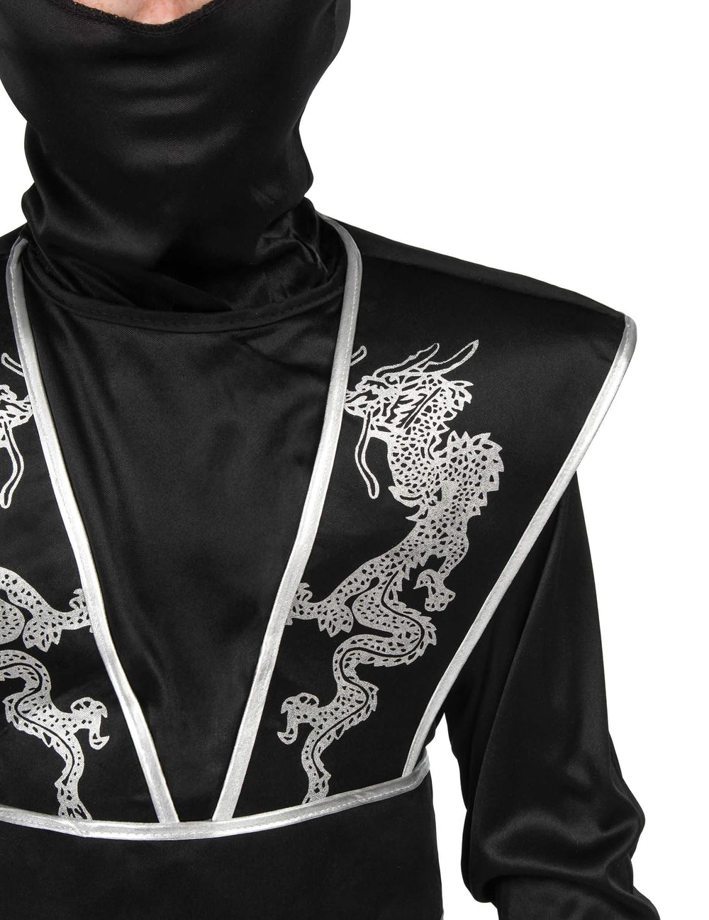 Détail du plastron et de la cagoule du déguisement ninja pour garçon