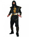 Déguisement de ninja pour homme noir et doré avec imprimé dragon