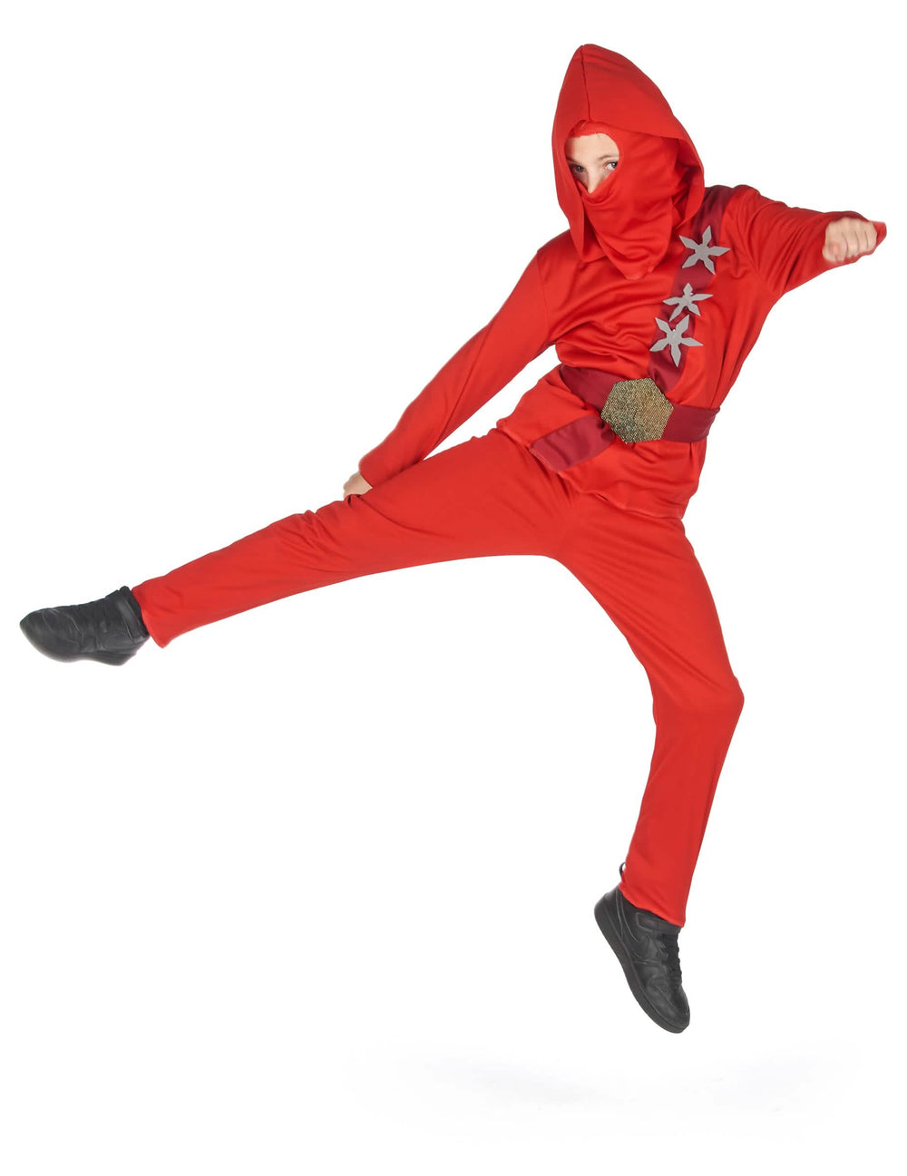 Vue en plein saut du déguisement ninja pour garçon