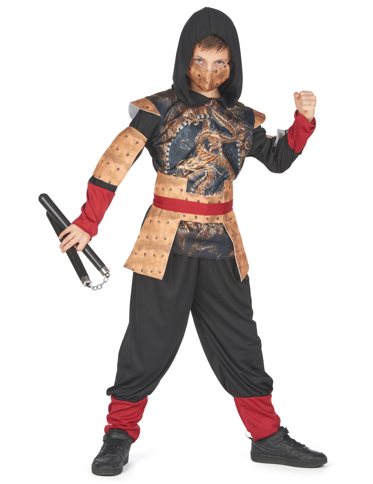 Déguisement ninja traditionnel pour garçon noir et rouge avec motif dragon doré