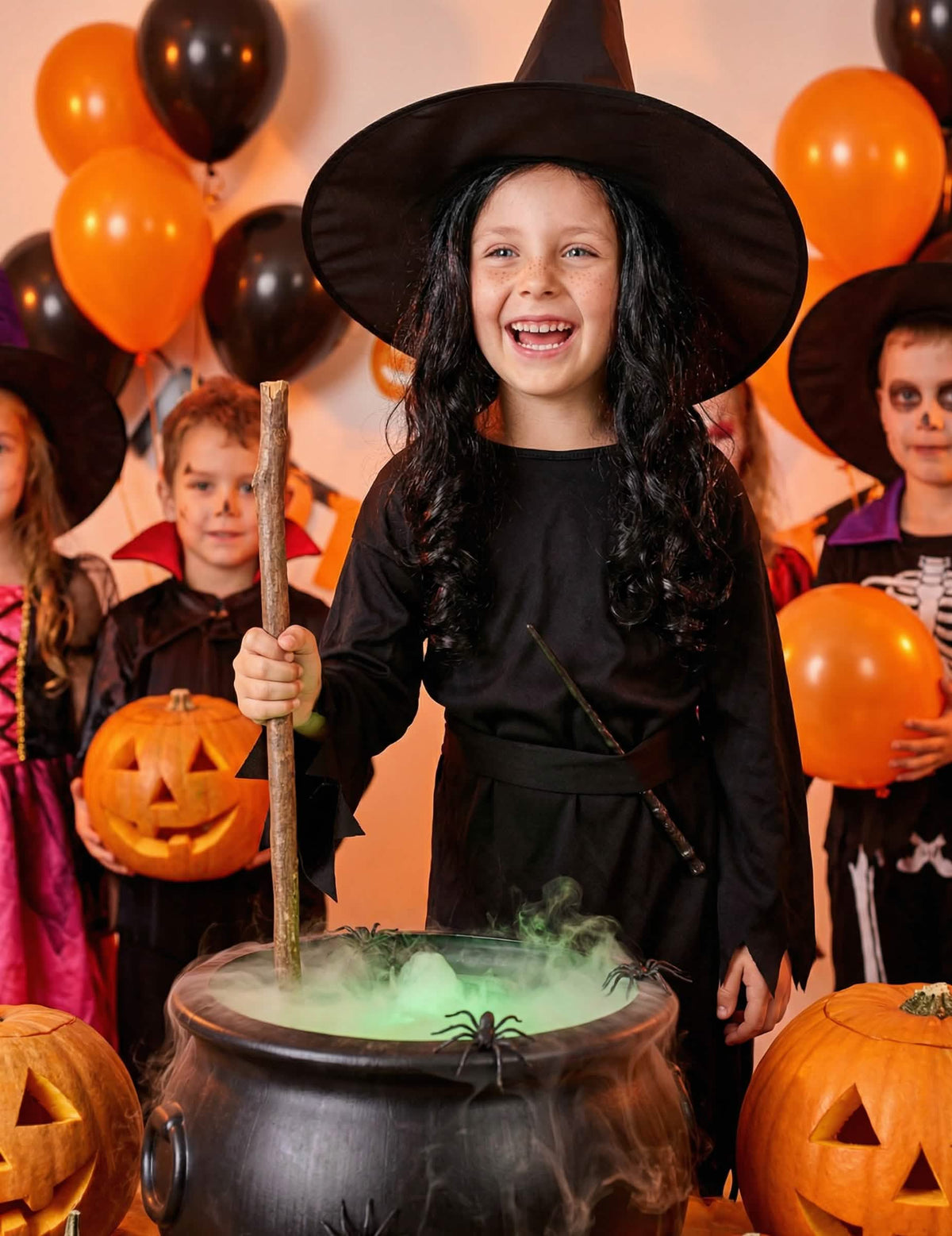 Escena con caldero del disfraz de bruja halloween para niña