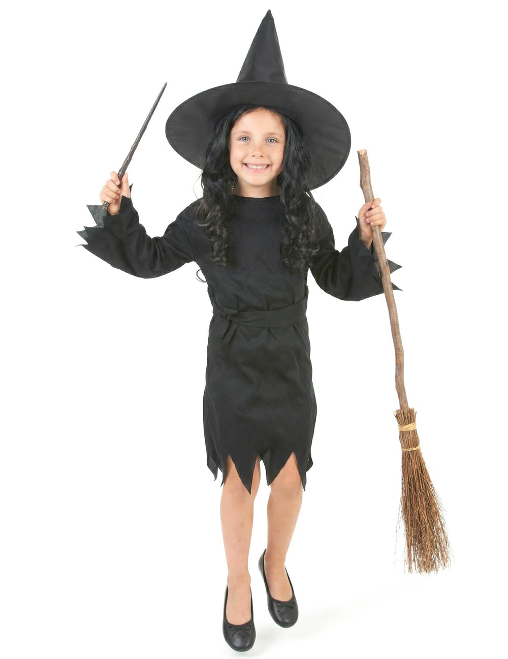 Vista frontal con accesorios del disfraz de bruja halloween para niña
