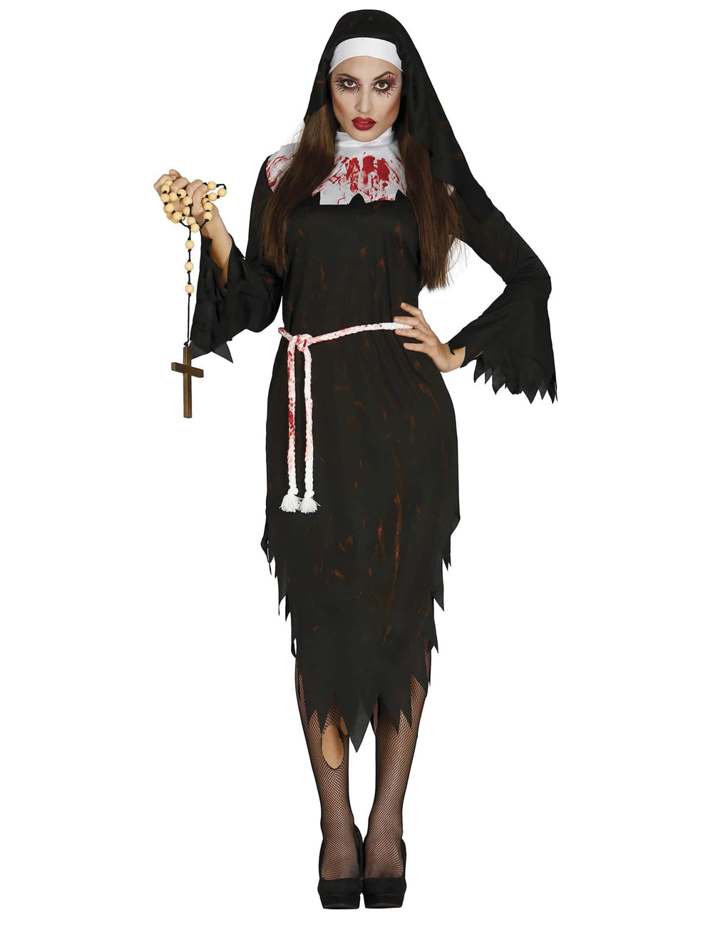 Disfraz de monja demoníaca para adulto blanco y negro con manchas de sangre