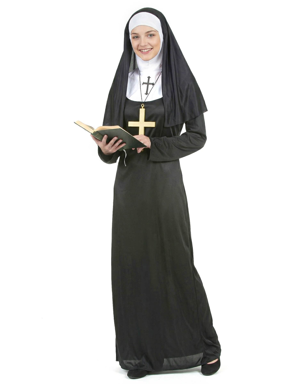 Déguisement de nonne pour femme noir et blanc avec voile et croix dorée