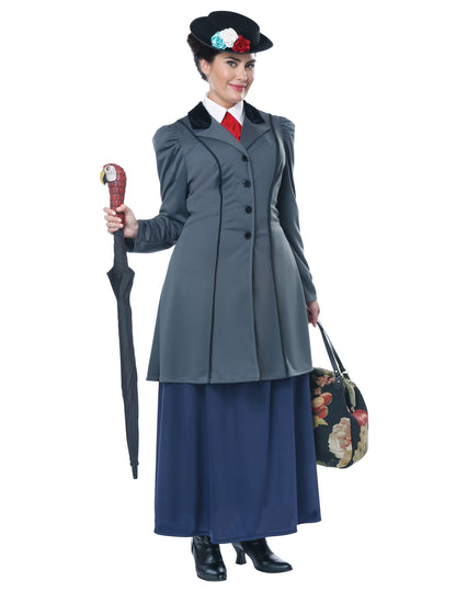 Déguisement de nourrice Anglaise pour femme gris et bleu avec chapeau et parapluie perroquet