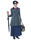 Déguisement de nourrice Anglaise pour femme gris et bleu avec chapeau et parapluie perroquet
