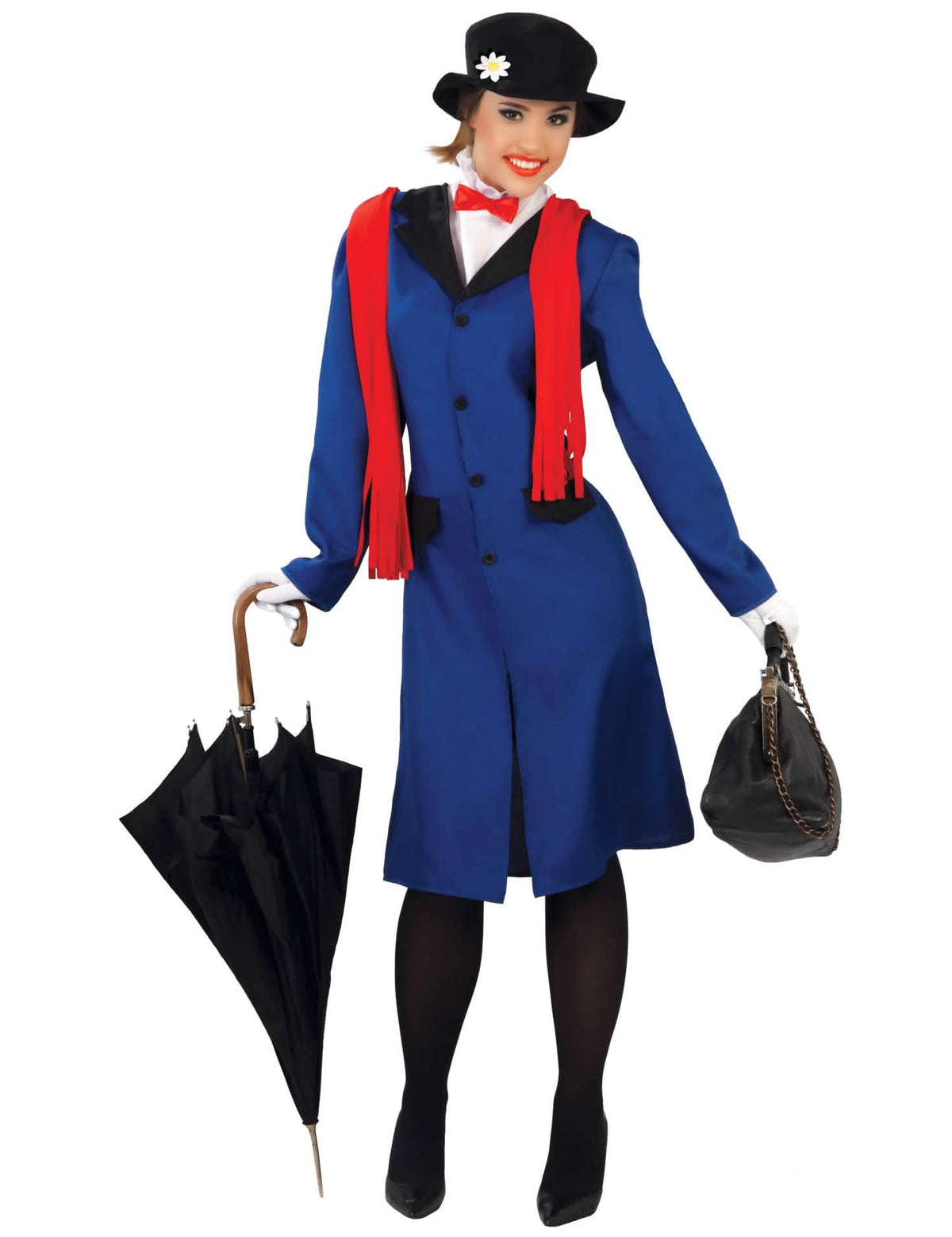 Disfraz de enfermera inglesa para mujer azul y rojo con sombrero y bufanda