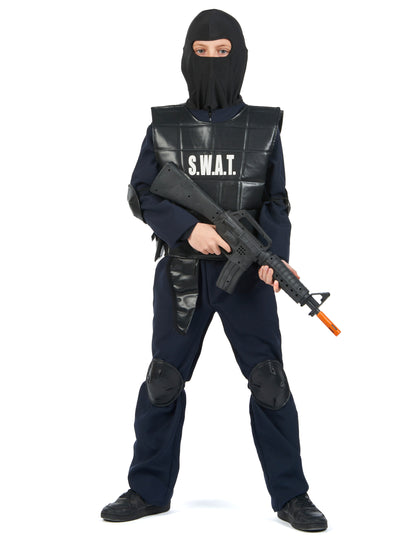 Vue de face avec cagoule et arme factice du déguisement officier du SWAT