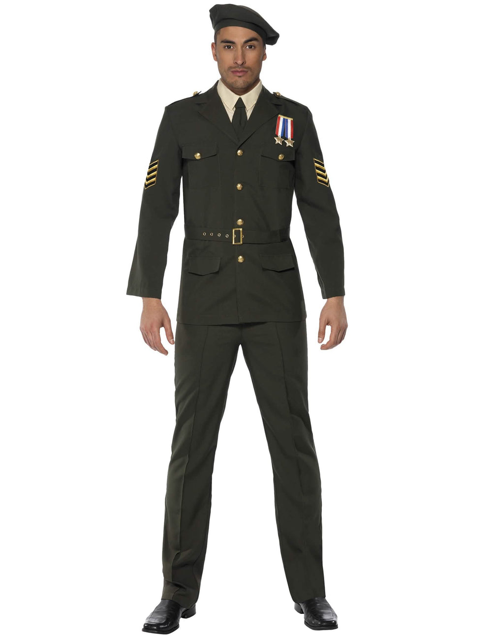 Disfraz de oficial militar para hombre verde caqui con boina y medallas